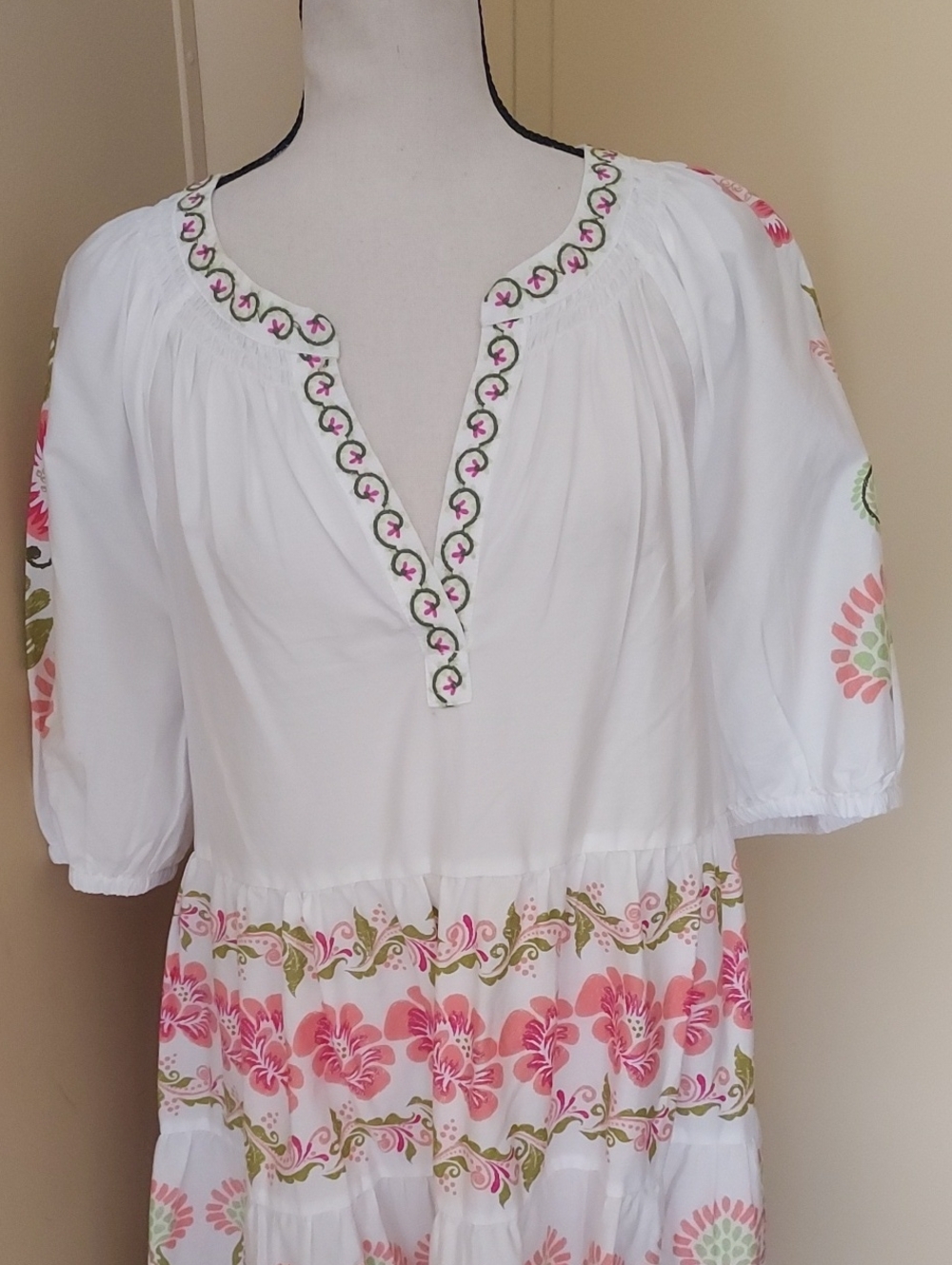 Crown & Ivy White Floral Peasant Dress with Pink and Green Accents - Picture 3 of 8